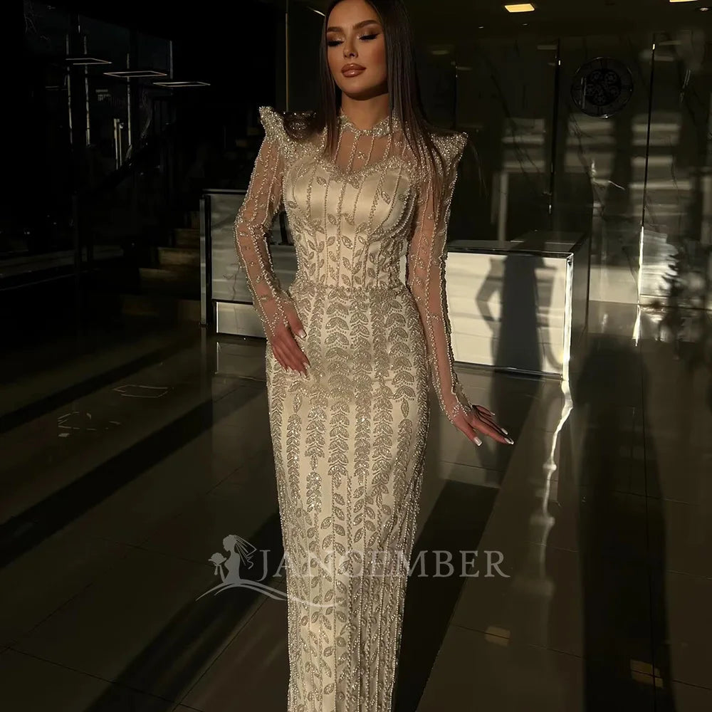 Luxury Elegant Pink Beaded Evening Dress Draped Rhinestone Pearl Long Sleeves for Women Formal Wedding Party