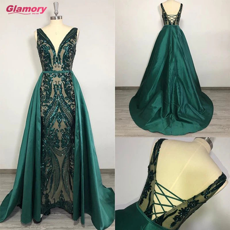 2020 New Elegent V-Neck Evening Gown Green Sequined Mermaid Detachable Dresses Long Prom Dress