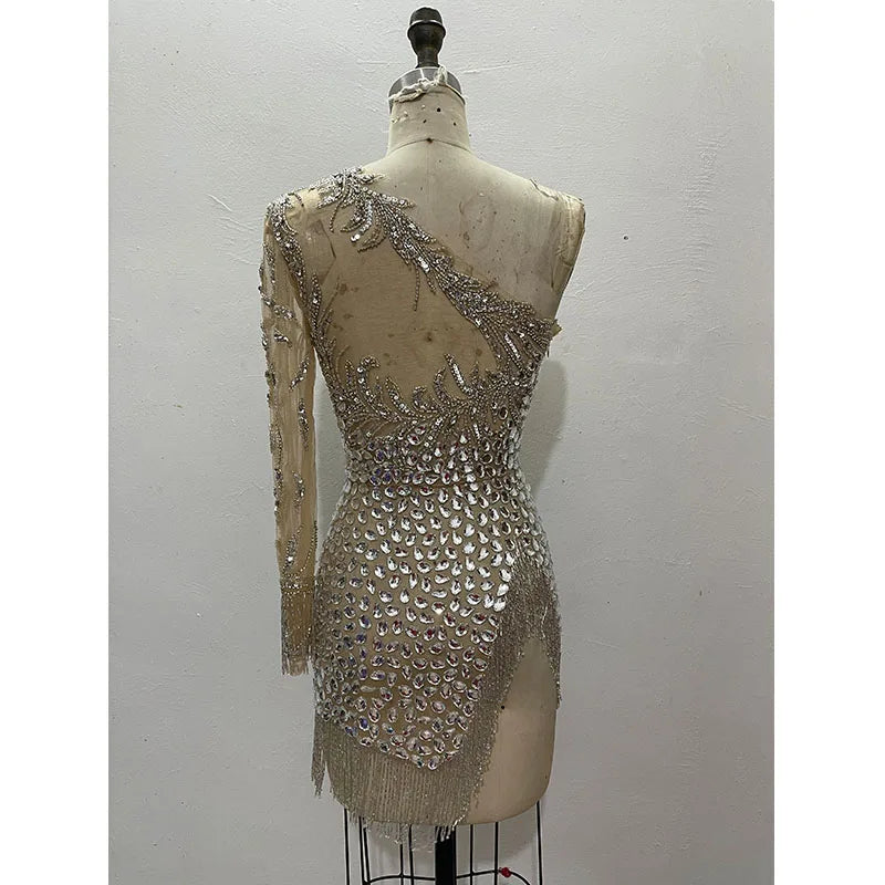 Silver Tassel Sexy Beaded Shiny Rhinestone Nightclub Breast Jewelry Rhinestone Dress