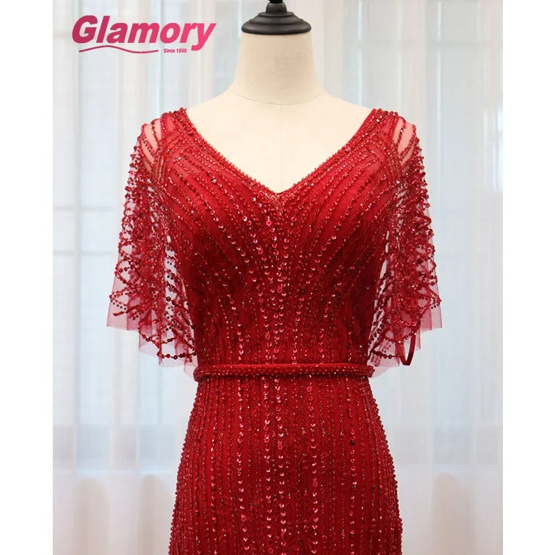 Burgundy Dresses 2020 Long Bat Sleeve Lace Tulle Evening Evening Dress Beaded