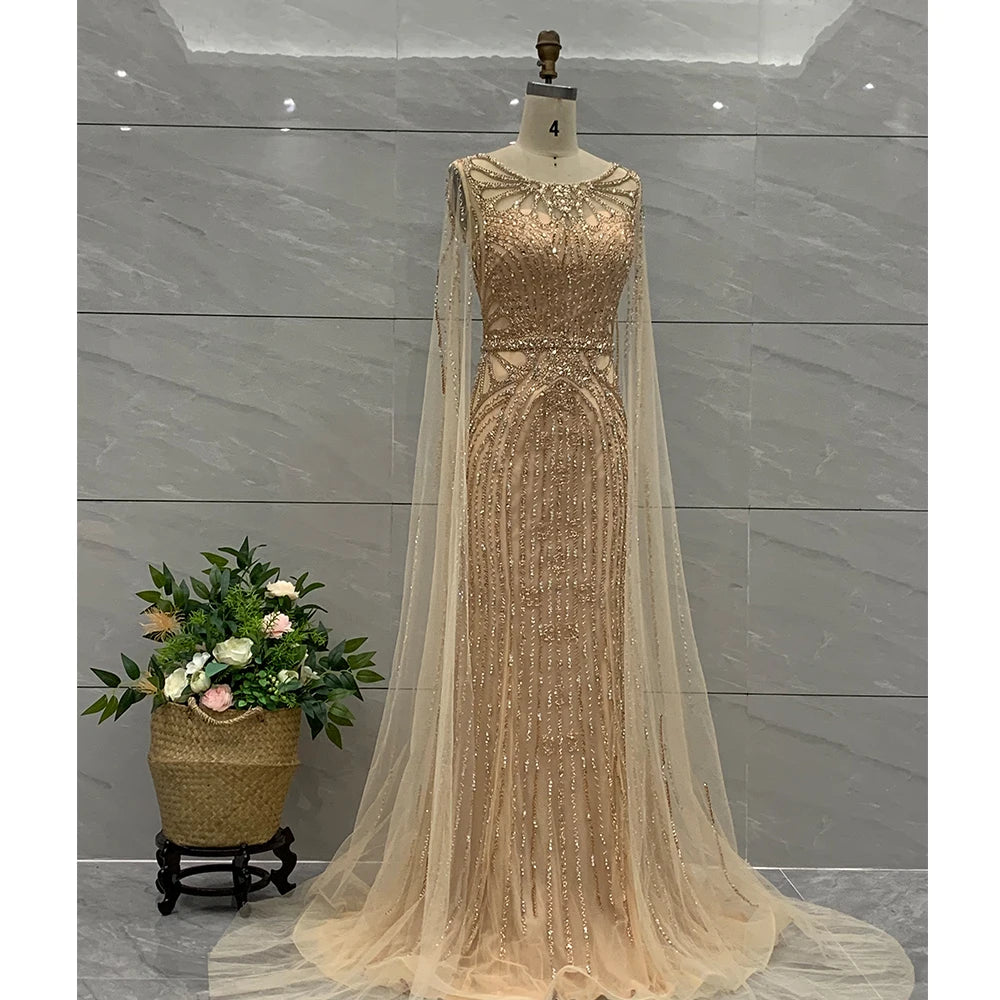 New Design Elegant Golden Mermaid Evening Dress With Wrap Formal Gowns Prom for  Women