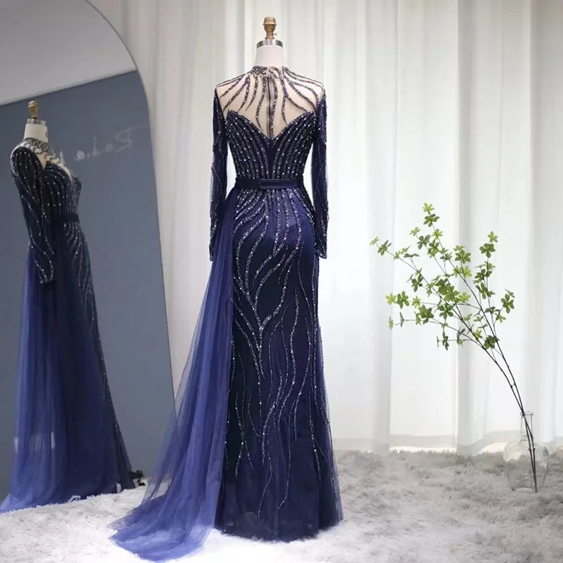New Navy Blue Mermaid Dubai Evening Dress With Detachable Skirt Long Sleeve Arabic Formal Gowns for Women