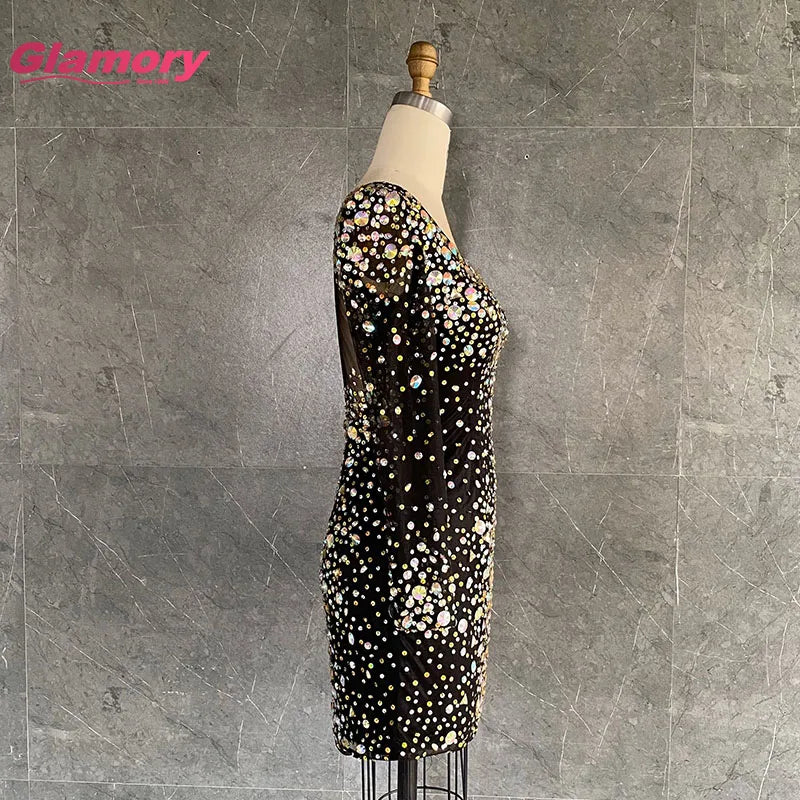 Sexy Black Homecoming Dresses Sweetheart Long Sleeve Shinny Crystal Stone Short Prom Dress