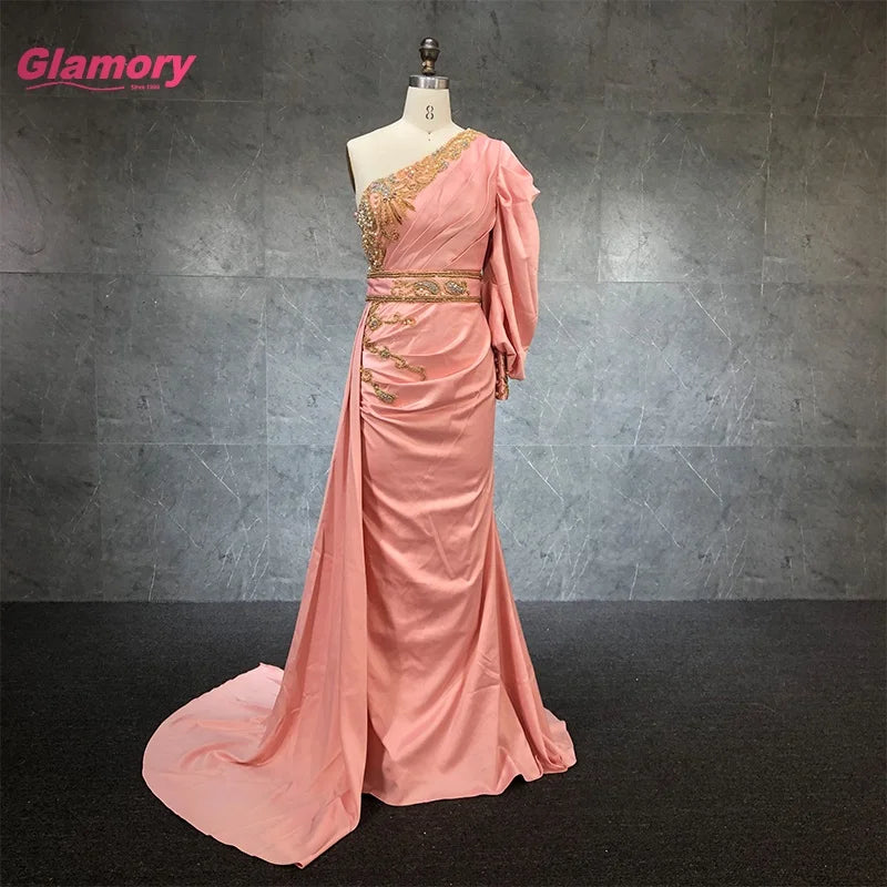 New Custom Luxury Handmade Beading With Pleated One-shoulder Women Wrap Dresses Sexy Satin Evening Dresses
