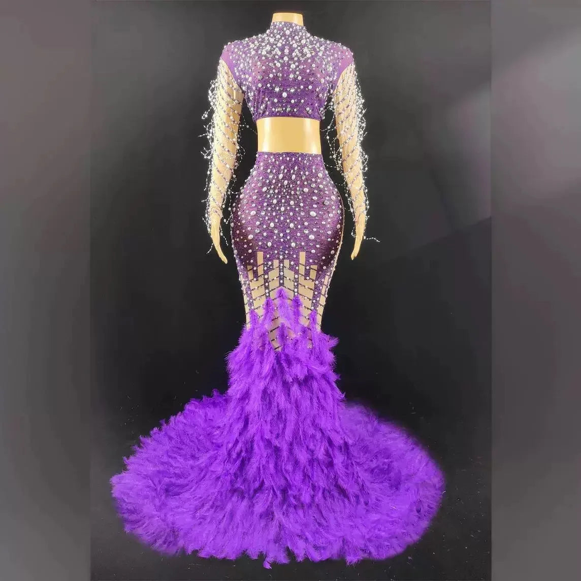 Luxury Pearl Sequins Mermaid Dress Women Ball Gown Wedding Dress Fashion Feather Shining Rhinestone Party Dress