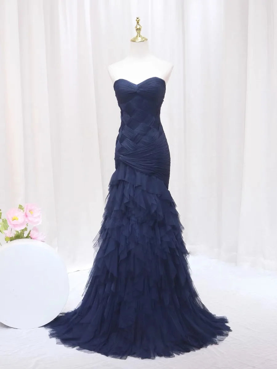Burgundy & Blue Mermaid Prom Dresses Sweetheart Sleeveless Tiered Tulle Evening Dresses for Women Formal Party Gowns