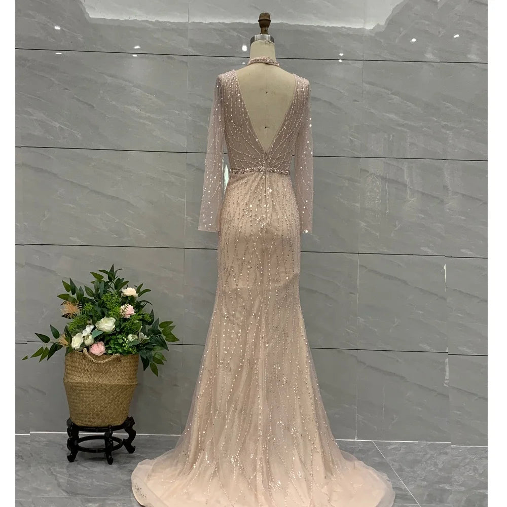 Pink Party Dresses Long V-neck Long Sleeve Sexy Rhinestone Slim Fit Elegant Gown