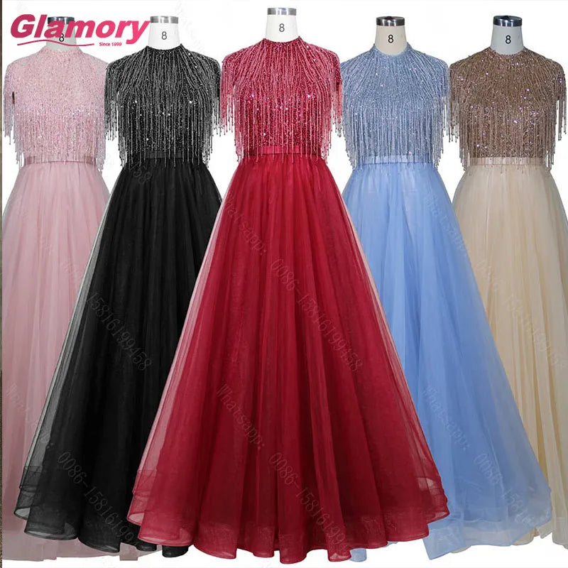 Hot Sale New Style Evening Party Tassel Beading Custom A-Line Women Burgundy Prom Dress