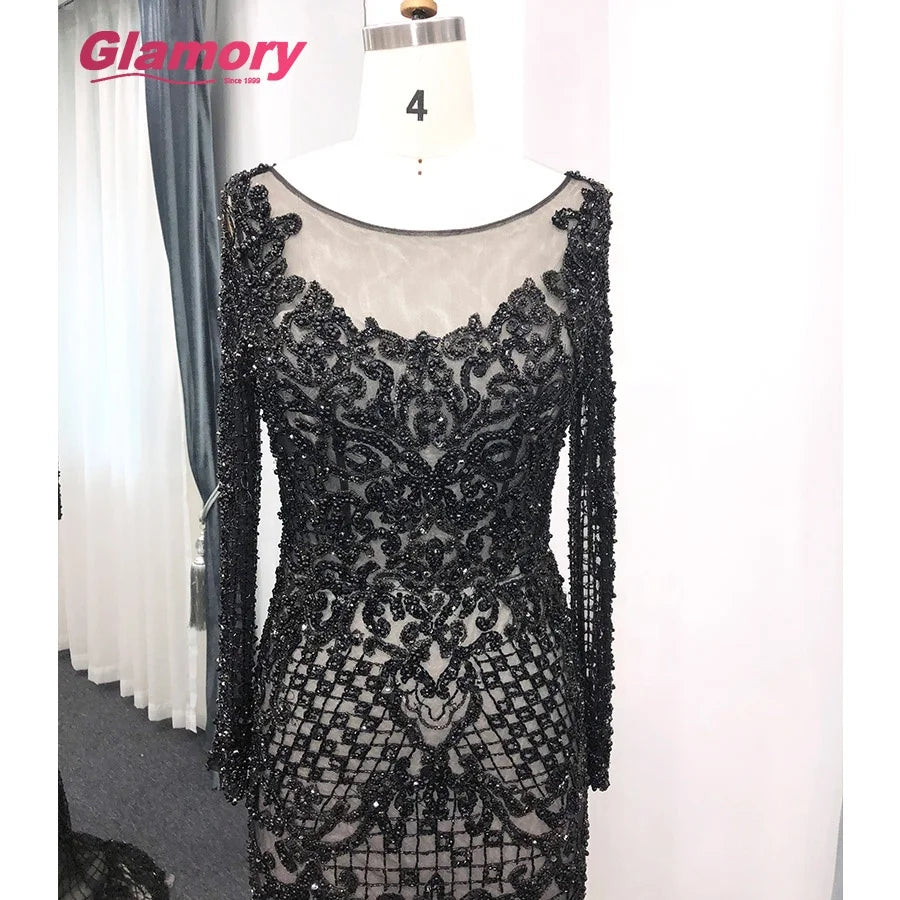 Latest Sleeve Black Dresses Dubai Womens Long Mermaid Prom Luxury Beading Evening Dress