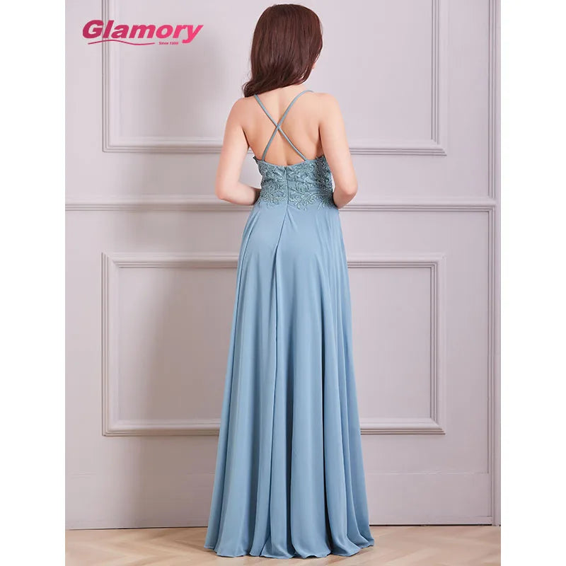 Women Ladies Lace Applique Chiffon Prom Gown Sexy Suspenders Backless Formal Party Dresses Long Evening Dress