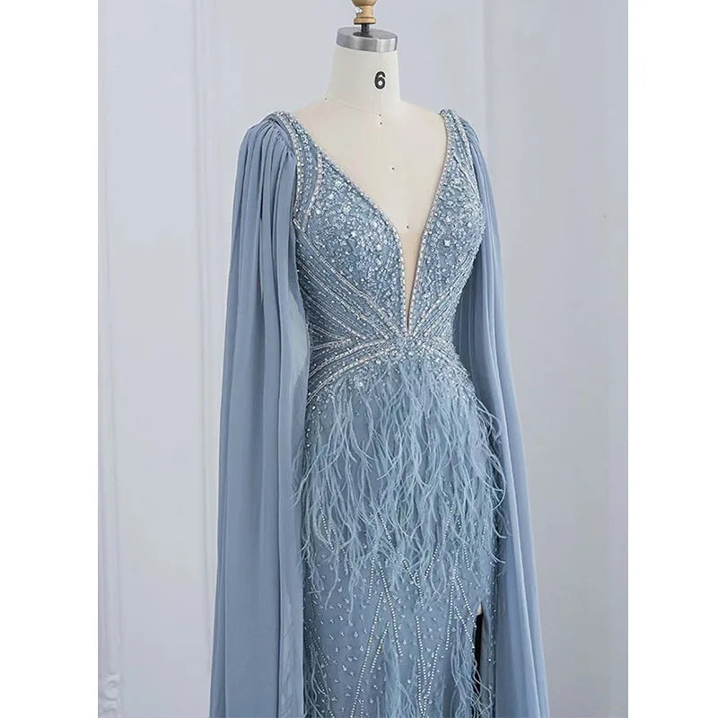 Blue Mermaid Cape Sleeves With  Feather V Neck Evening Dresses Beaded Party Gowns for Women