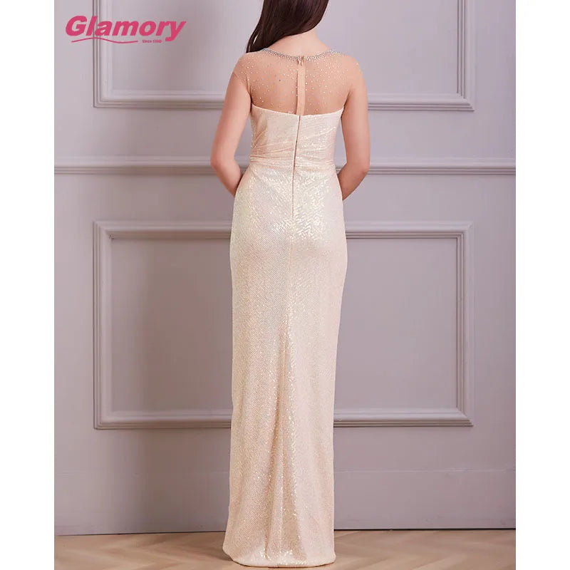 Rose Gold Fishtail Sequin Hot Drilling Dresses Split Pleated Banquet Dress Long Formal Evening Dress for Women