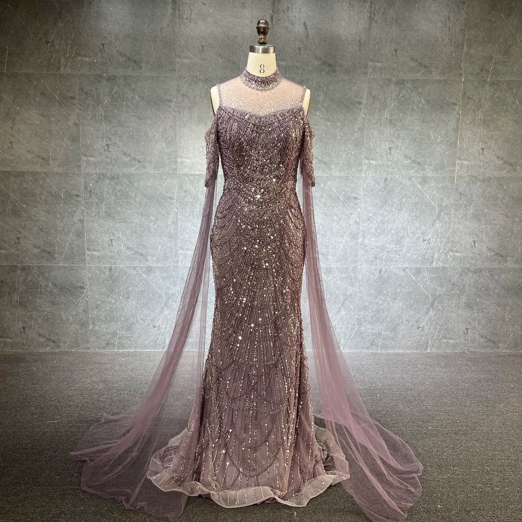 Luxury High Neck Mermaid Evening Dresses With Cape Heavy Pearls Women Wedding Formal Party Gown Stock