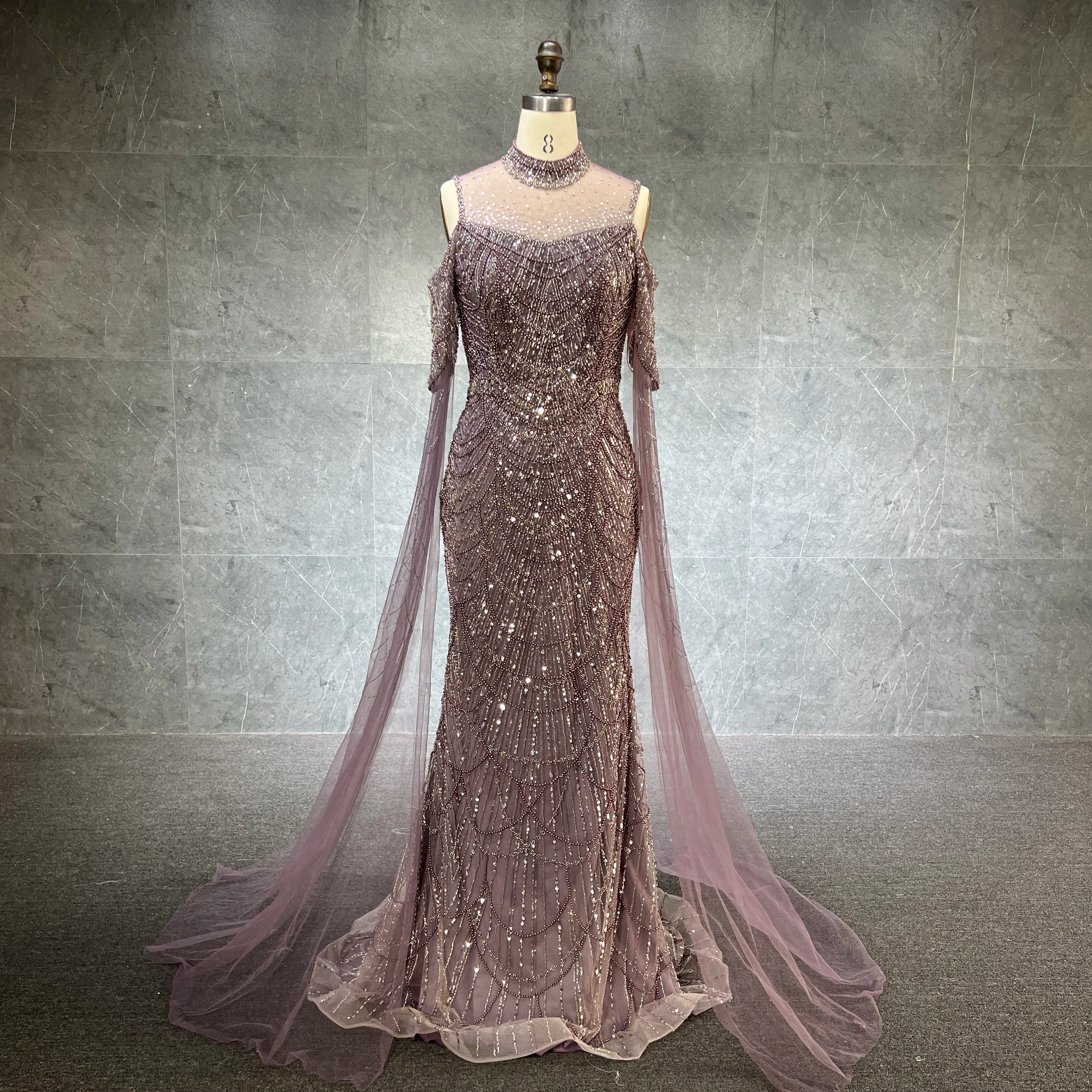 Luxury High Neck Mermaid Evening Dresses With Cape Heavy Pearls Women Wedding Formal Party Gown Stock