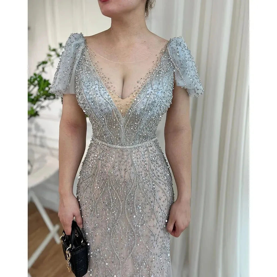 Crystal Sleeveless Shawl Yarn Evening Dresses 2023 Dubai Grey Nude V-Neck Sexy Formal Gown