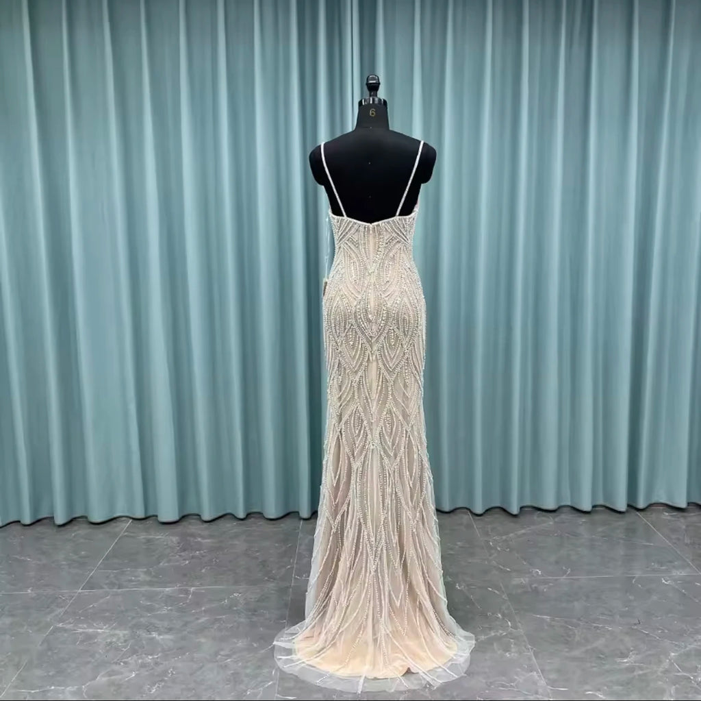 Silver Nude Pearls Beaded Mermaid Evening Dresses Long Tulle Pageant Evening Party Gown