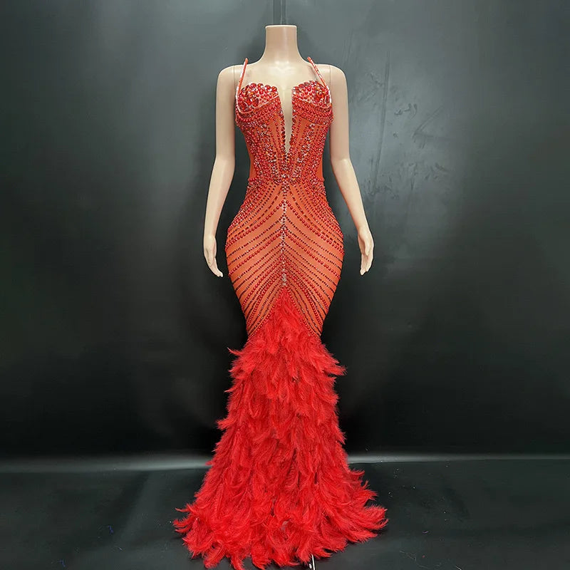 Luxury Pearls Grand Feather Sexy Floor-Length Dress Evening Party Performance Costume Bar Nightclub Singer Dancer Wear