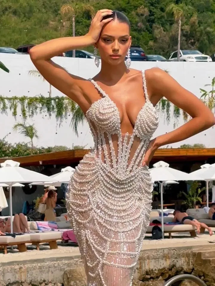 Luxury Dress Women Celebrity Party Wear Sexy V Neck Sleeve Pearl Design Spaghetti Strap Maxi Long Gown