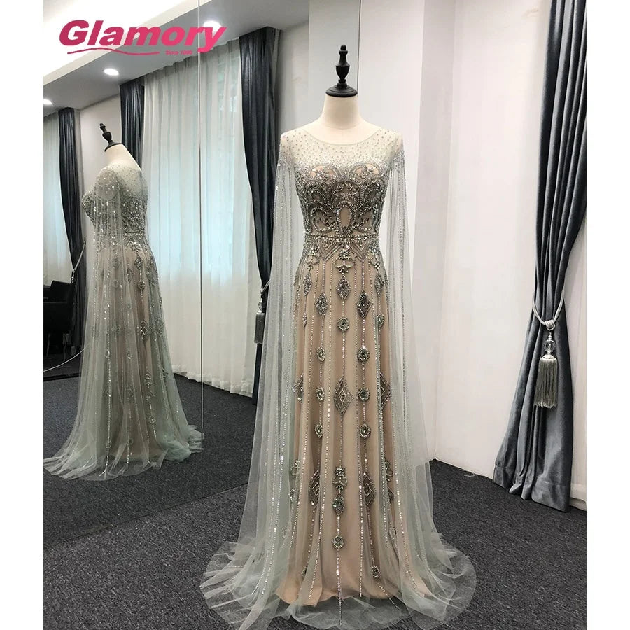 Latest OEM Factory Luxury Evening Elegant O-Neck Long Sleeves With Flutter Sleeves Crystal Beading Mermaid Prom Dress