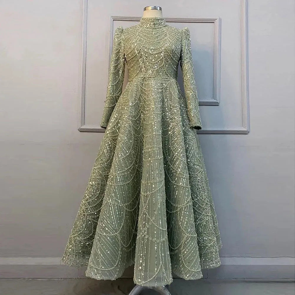 New Elegant Dubai Peals Evening Dress for Women High Neck Long Sleeves A-line Ankle Length Formal Prom Wedding Party Gowns