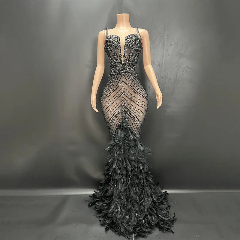 Luxury Pearls Grand Feather Sexy Floor-Length Dress Evening Party Performance Costume Bar Nightclub Singer Dancer Wear