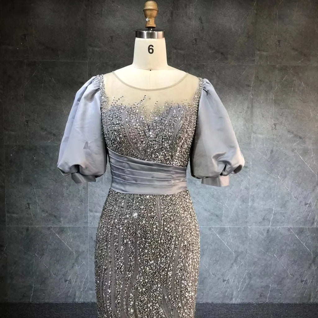 Gray Elegant O Neck Beading Mermaid Evening Dress Short Purr Sleeves Party Dresses Gowns for Women