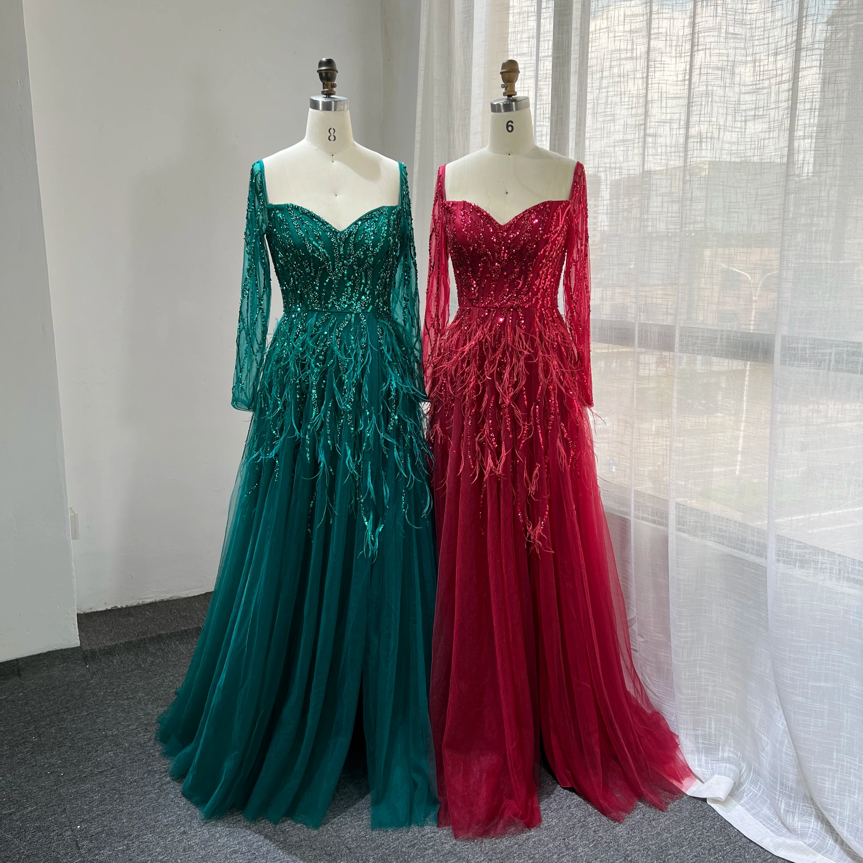 2022 Colors Long Sleeves a Line Beaded Feathers Evening Dresses Party Gowns for Women