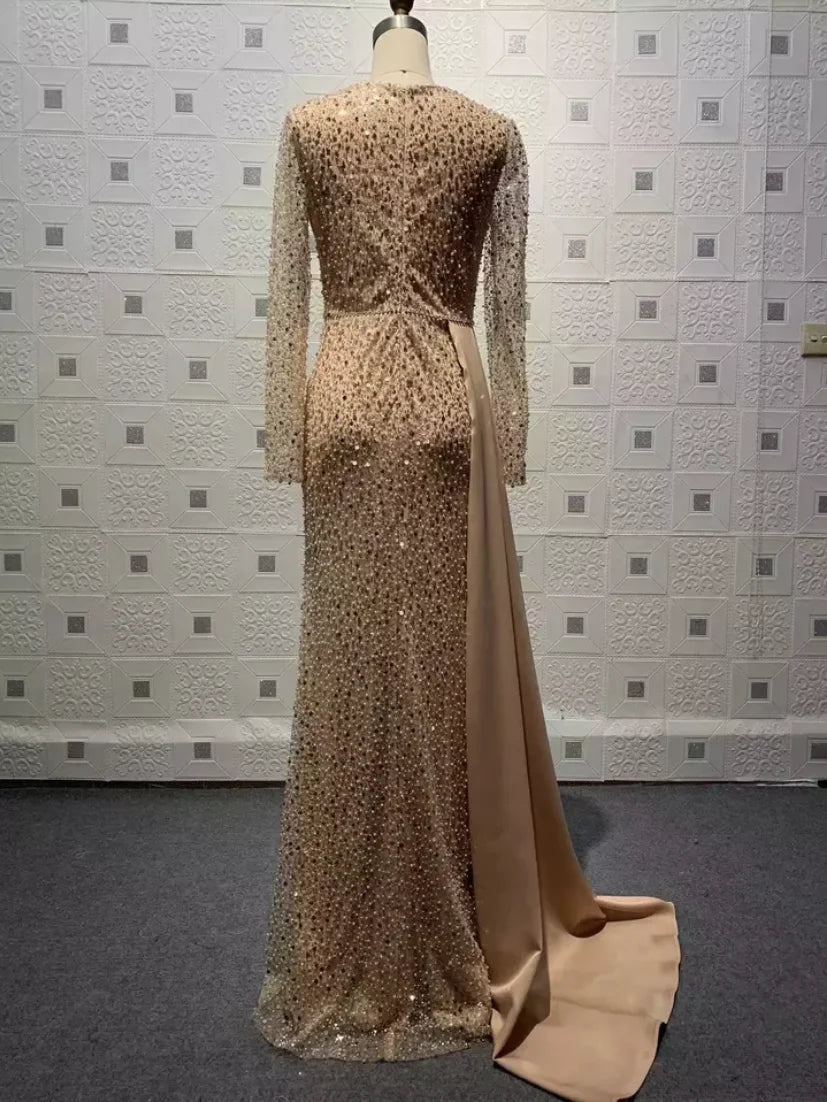 2022 Champagne Mermaid O Neck Banquet Sequin Long Sleeve Prom Dress Beaded Robe De Soiree Evening Dresses