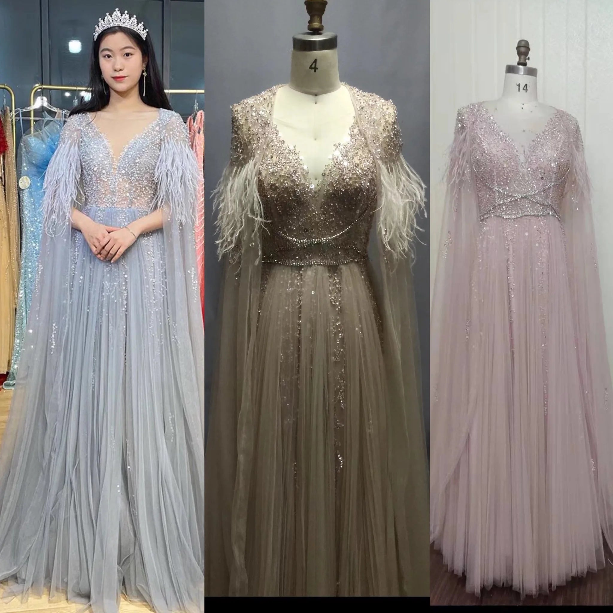 A-Line Evening Dresses With Feathers Shawl  Women Shiny Beaded Prom Dress Robe De Soiree