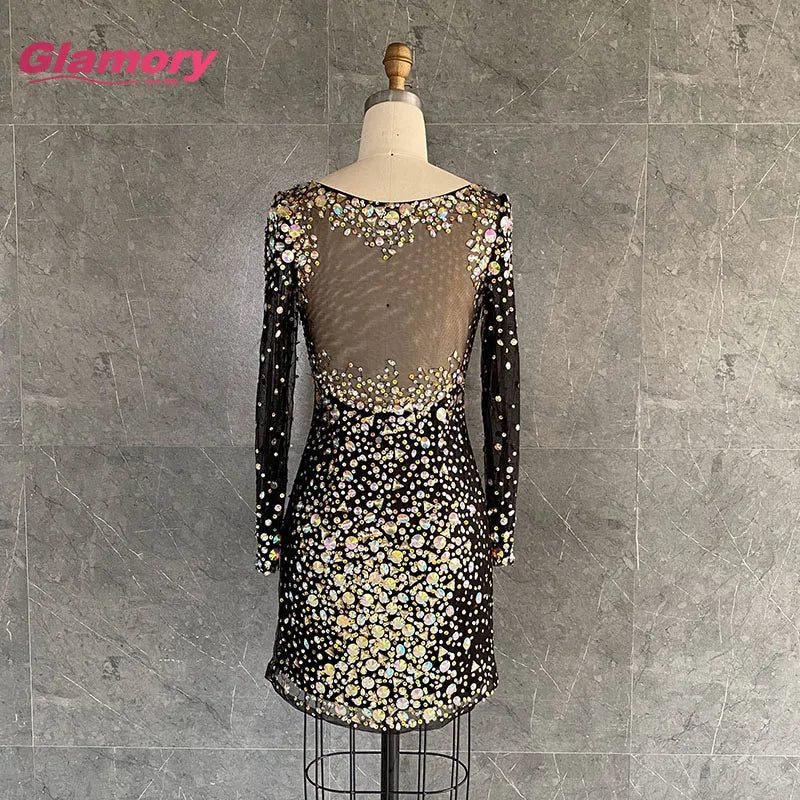 Sexy Black Homecoming Dresses Sweetheart Long Sleeve Shinny Crystal Stone Short Prom Dress