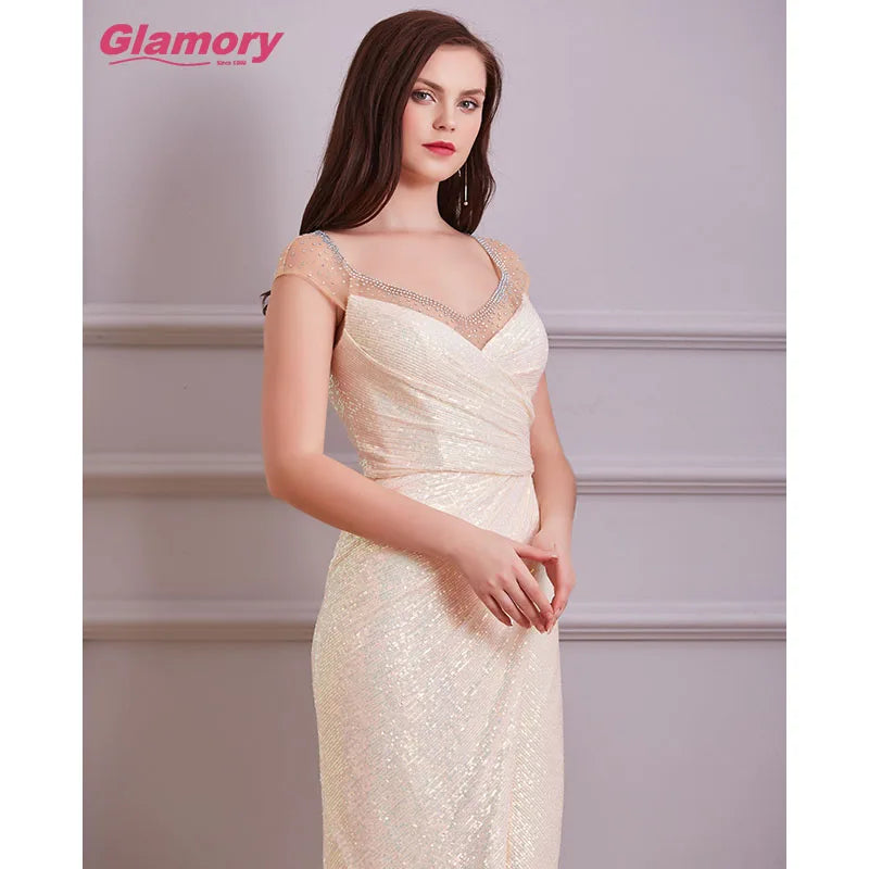 Rose Gold Fishtail Sequin Hot Drilling Dresses Split Pleated Banquet Dress Long Formal Evening Dress for Women