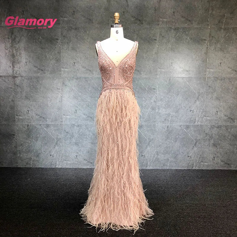 2020 New Design Pink Beading Mermaid Evening Gowns Sexy V Neck Sleeveless With Feater Prom Dress
