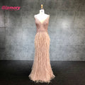 2020 New Design Pink Beading Mermaid Evening Gowns Sexy V Neck Sleeveless With Feater Prom Dress