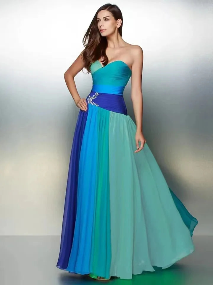 A-Line Prom Dresses Color Block Sleeveless Strapless Satin With Pleats Party Evening Party Gown