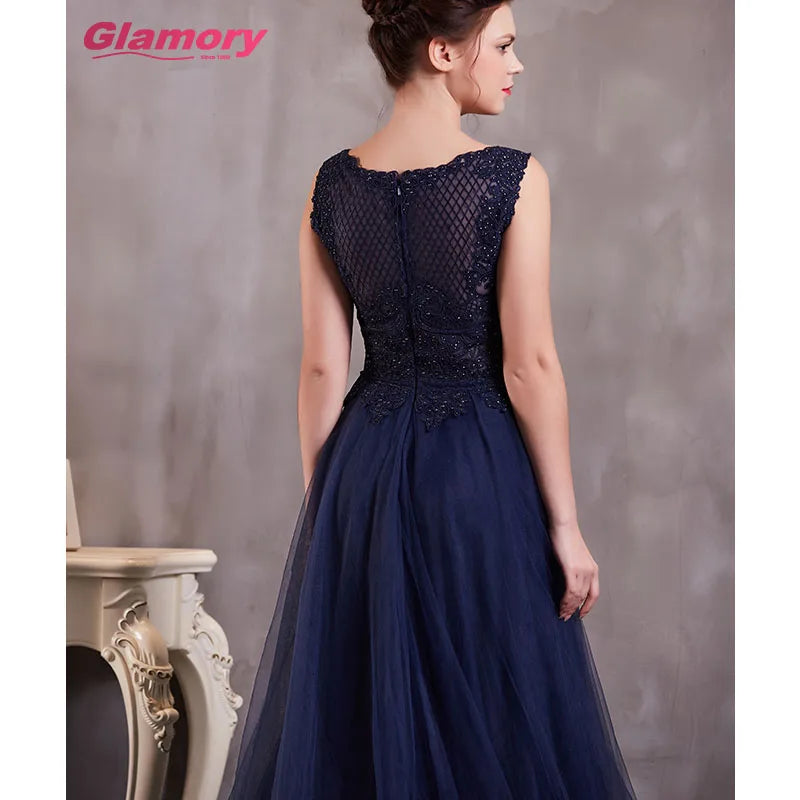 Dark Blue Long Wholesale Dresses Handmade Lace Ball Gown O-neck Floor-length Tulle Evening Dress