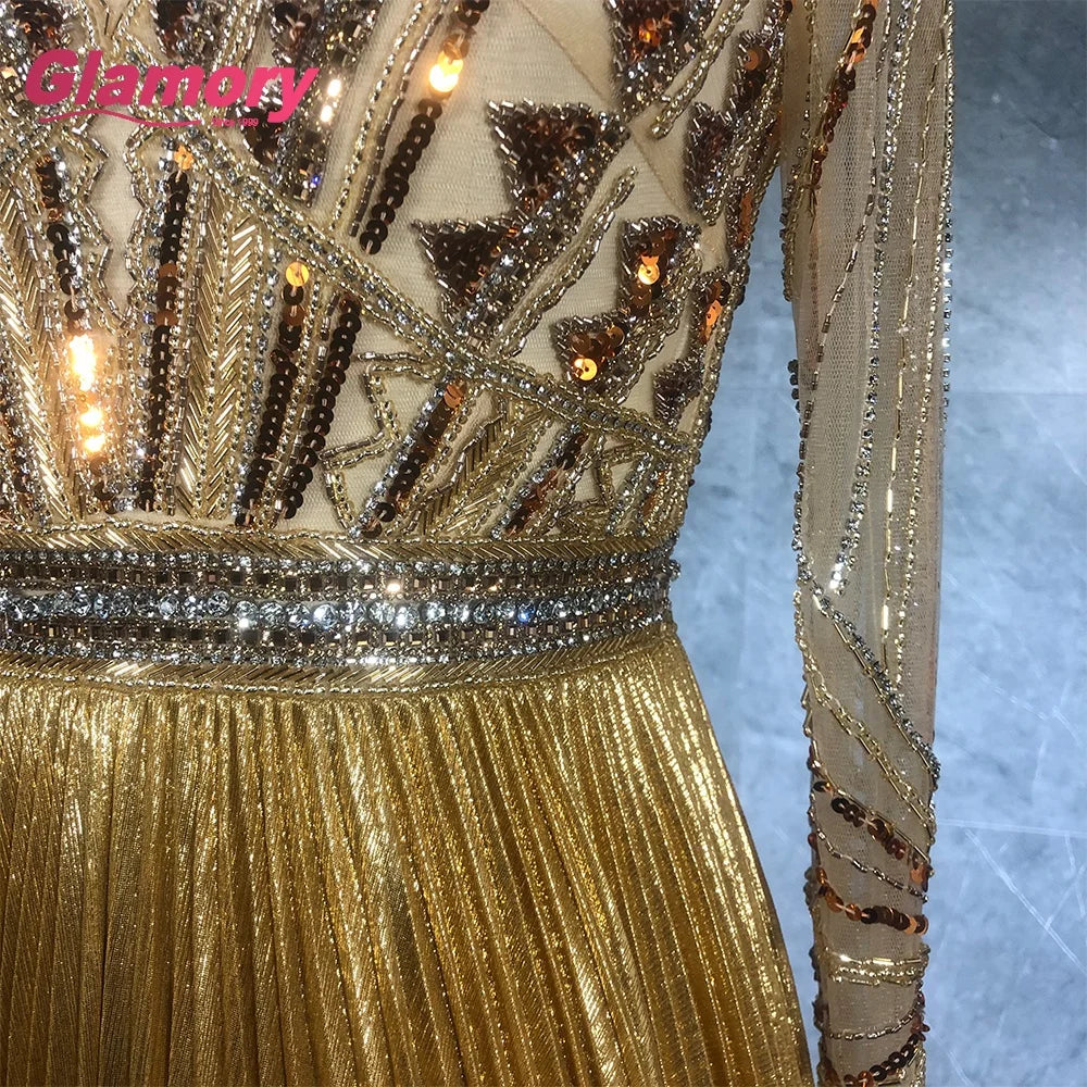 2021 New Collection Luxury Long-Sleeve V-Neck Party Gown for Fat Women Celebrity Sexy Evening Dress