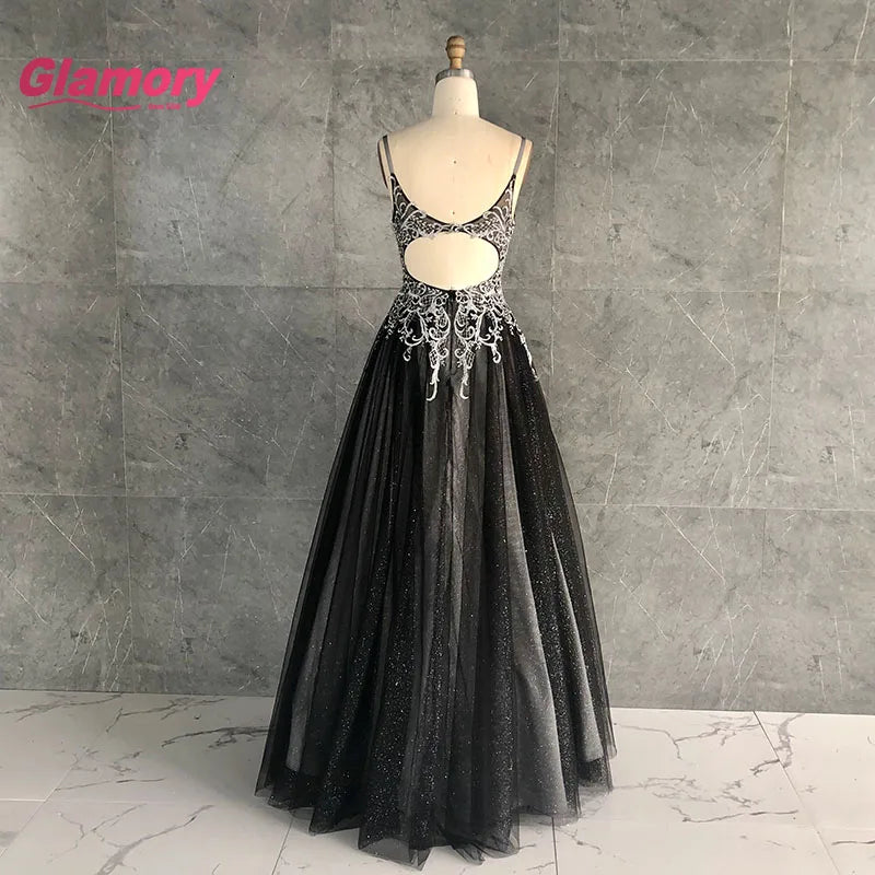 Chaozhou Factory 2020 New Design Lace Applique Spaghetti Strap A-line Black Glitter Tulle Maxi Prom Dress for Banquet