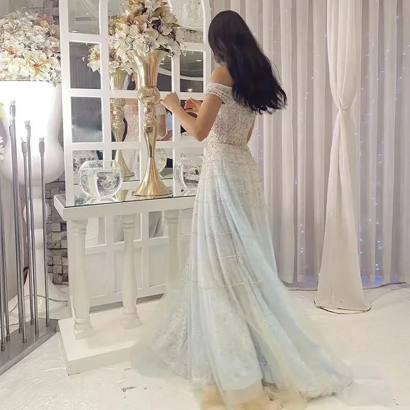 Luxury Dubai Mint Green Evening Dresses Elegant Off Shoulder Lilac Arabic Formal Dress for Women Wedding Party