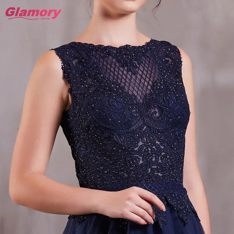 Dark Blue Long Wholesale Dresses Handmade Lace Ball Gown O-neck Floor-length Tulle Evening Dress