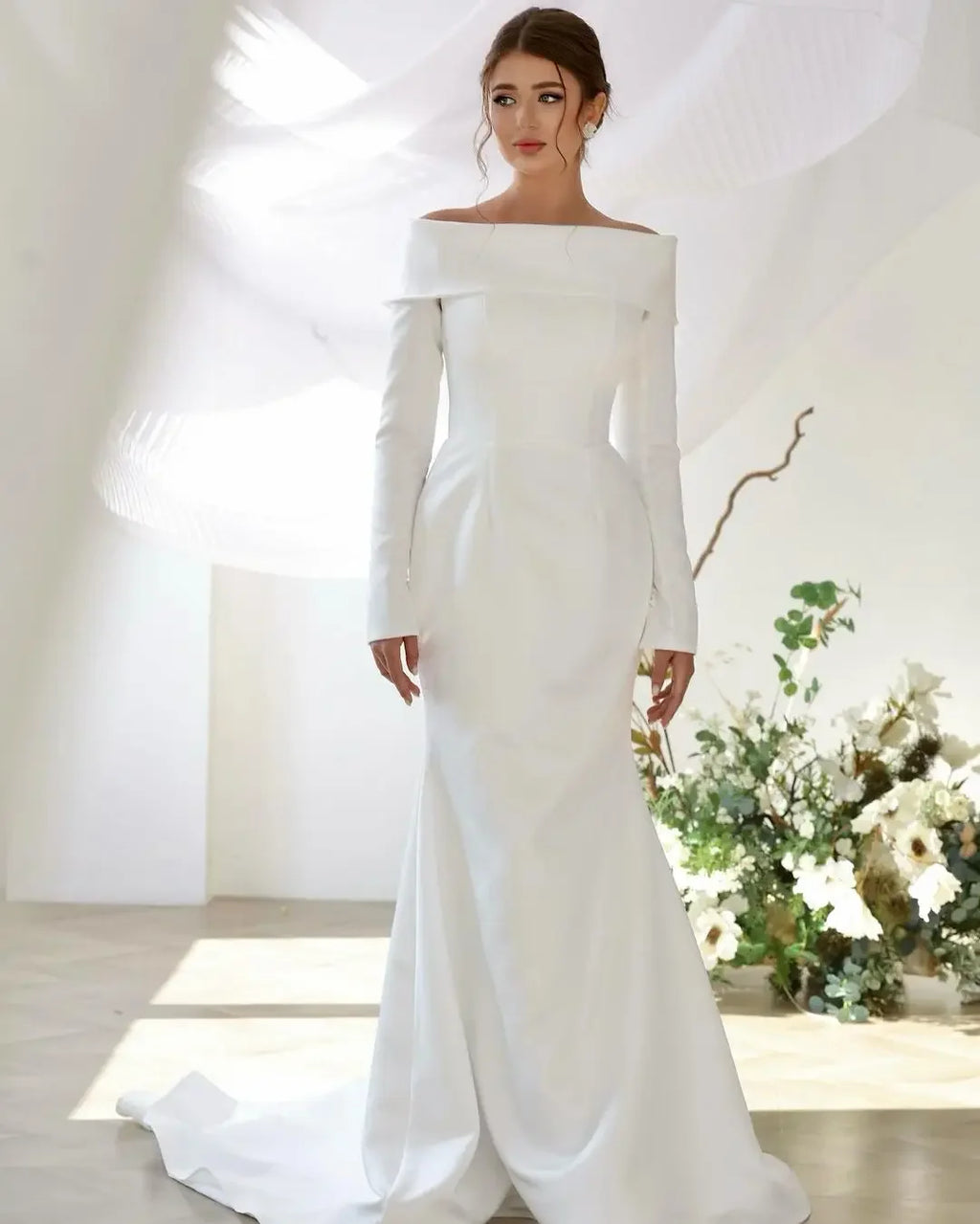 Sweeping Crepe Gown Satin Wedding Dresses Off Shoulder Bridal Gowns Women Wedding Guest Formal Party Dress