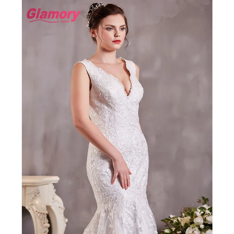 White Sleeveless Mermaid Lace Ball Gown Sexy Backless Wedding Dress African Dress for Wedding