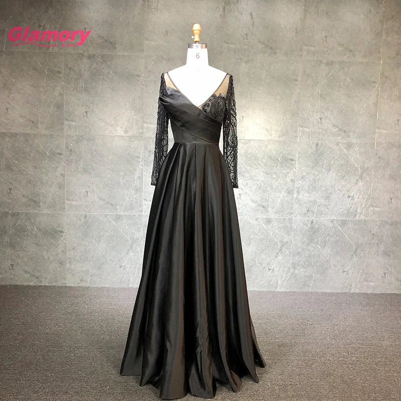 2020 Fashion New Style Deep V Neck Long Sleeves Prom Handmade Beading Evening Dress for Ladies