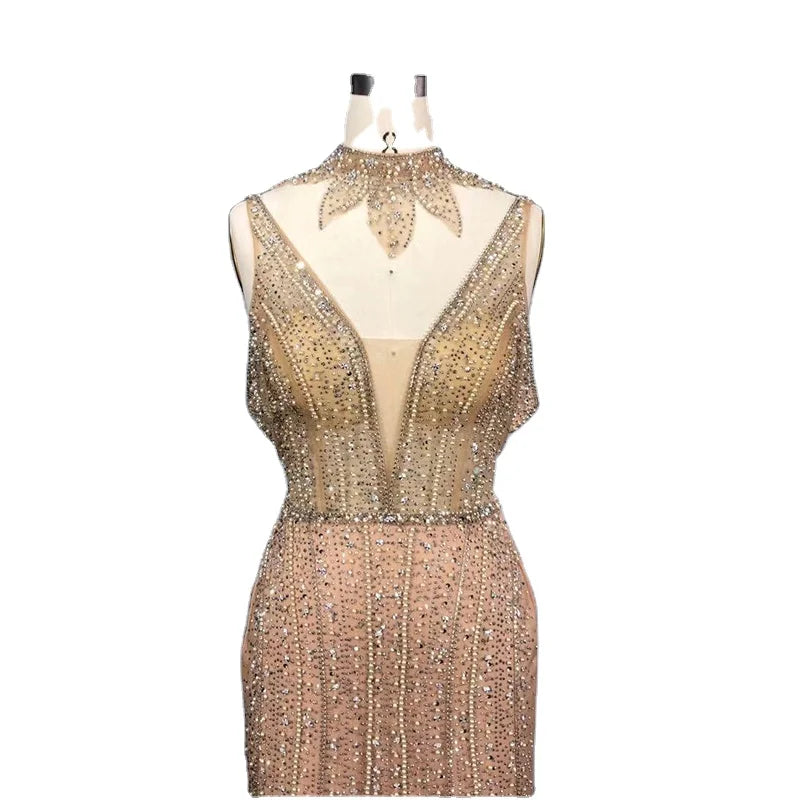 Available Gold Evening Dress Deep V Neck Sexy Sparkly Beading Formal Mermaid Pageant Dresses