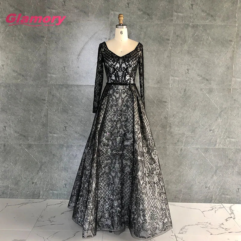 New Arrival Women Luxury Sleeve V-neck Slim Big Hem Long Evening Dress Beads Lace Prom