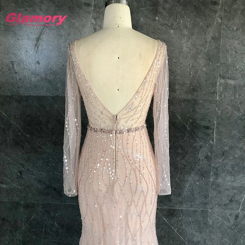 Hot Sale New Style 2020 Mermaid Custom Pink Sparkly Beaded Prom Sexy Deep V-neck Long Sleeve Girls Party Dress