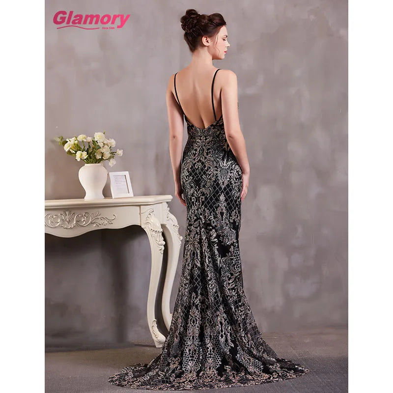 Sexy Suspenders Dress Fishtail Sequin Lace Evening Dresses Backless Bodycon Evening Dresses for Women