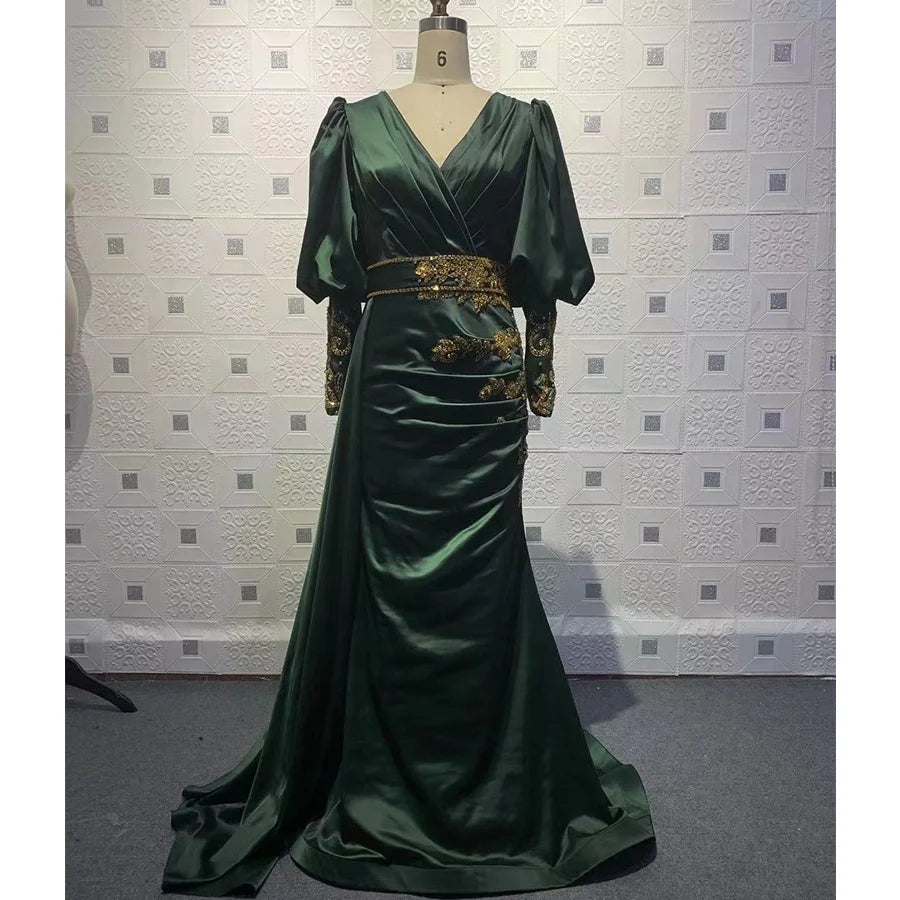 Green  Modest Long Sleeve Satin Evening Dresses Women Mermaid Handmade Beading Evening Gowns