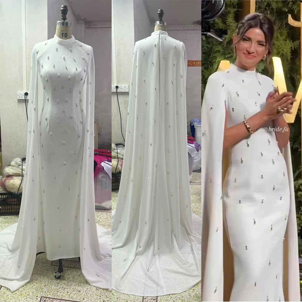 White Saudi Arabia Cape Sleeve Evening Dress Luxury Beaded Cape Dubai Women Wedding Guest Formal Party Dress