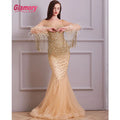 Dubai Golden Luxury Tassel Beading Evening Dress Women Party Dresses With Feathers