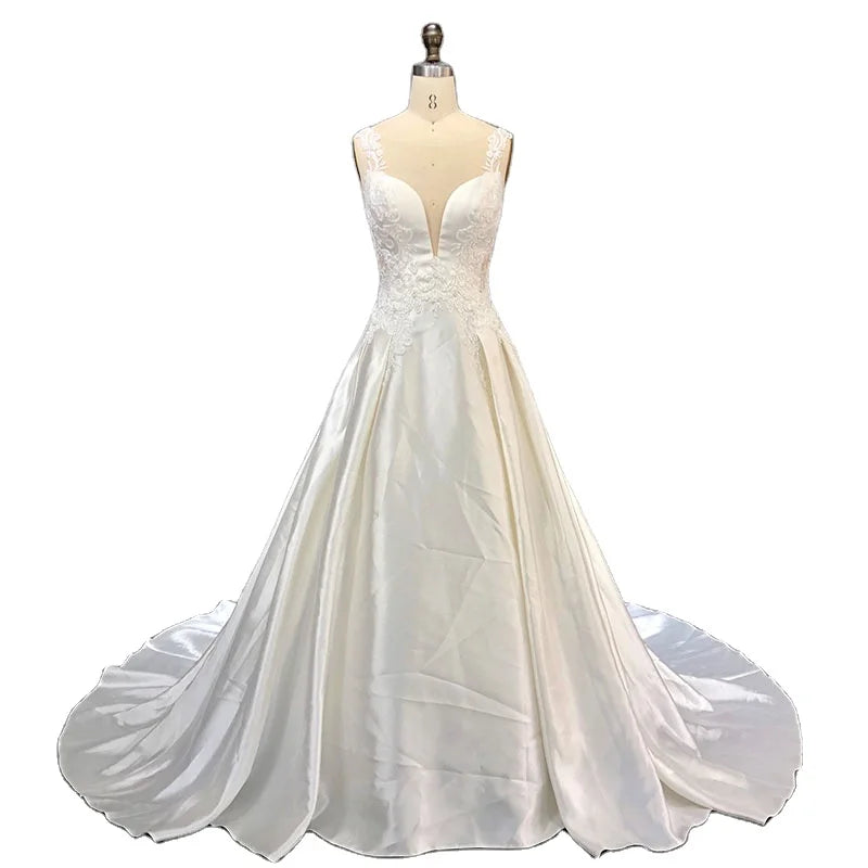 2020 Custom Made Elegant Vestido De Noiva Soft Satin Lace Appliqued Wedding Ball Gown Bridal Dresses